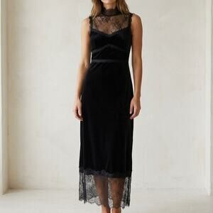 Lost + Wander Black Lace Velvet High Neck Sleeveless Maxi Dress, size S